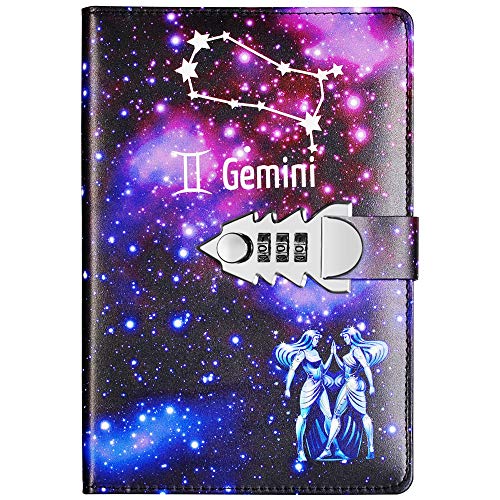 Journal Intime Voyage en cuir,Carnet de Notes douze Constellations DIY Notebook avec Code Voyage Cadeau Anniversaire Marriage pour Garçon Fille A5, TPN145 (Gémeaux) Cover