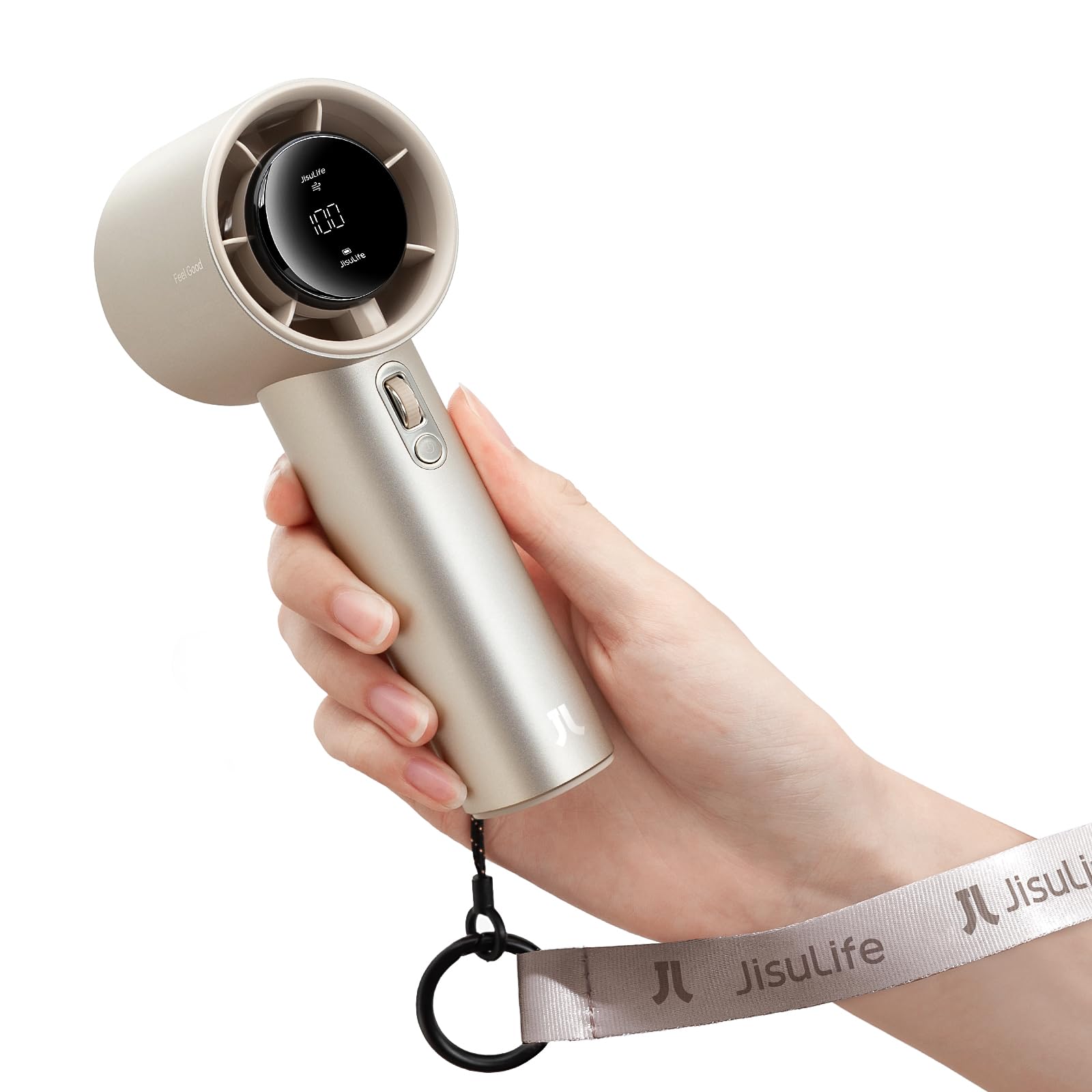 JISULIFE Ventilatore Portatile a Mano,Mini Turbo Ventilatore Regolabile in Velocità(1-100),Batteria Ricaricabile da 5000mAh Con Corpo in Metallo,Display Digitale,Viaggi/Campeggio/All'aperto-Marrone