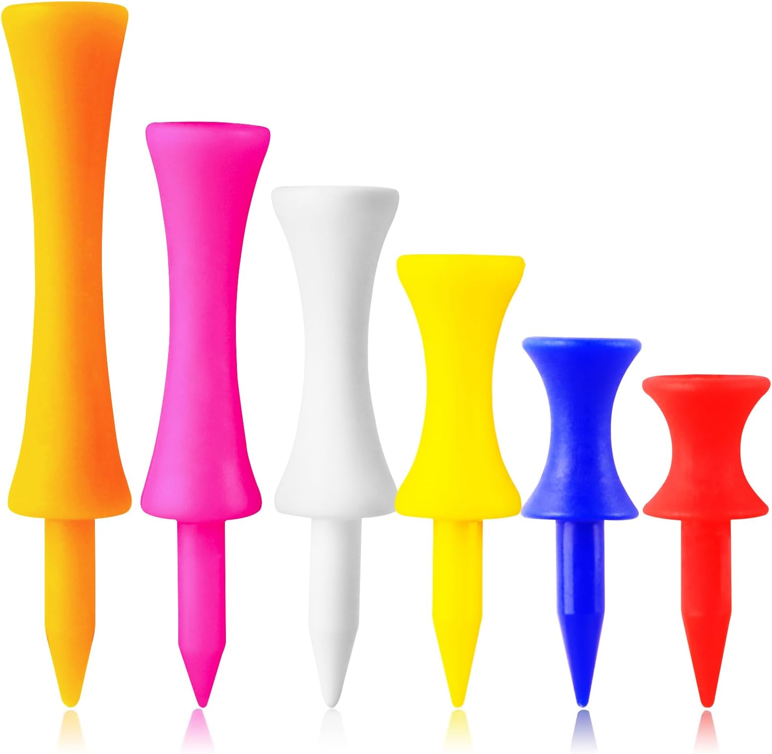 FINGER TEN Golf Step Down Tees Mixed Size Value 100 Count, 2 3/4, 2 1/4, 2, 1 3/4, 1 1/2 Inch Height Color Unbreakable Plastic Tees Pack for Practice (100 Count, Mixed Pack(1.5,1.75,2,2.25,2.75))