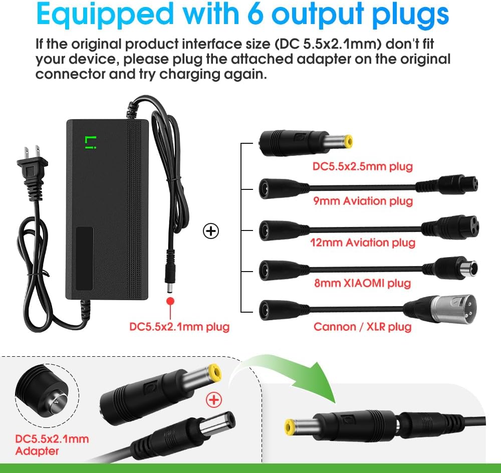 29.4V 3A/5A Charger with 6-in-1 Plug for 36V Lithium Battery Such as Car Truck Lawn Mower Boat Marine Batteries (29.4V5A)