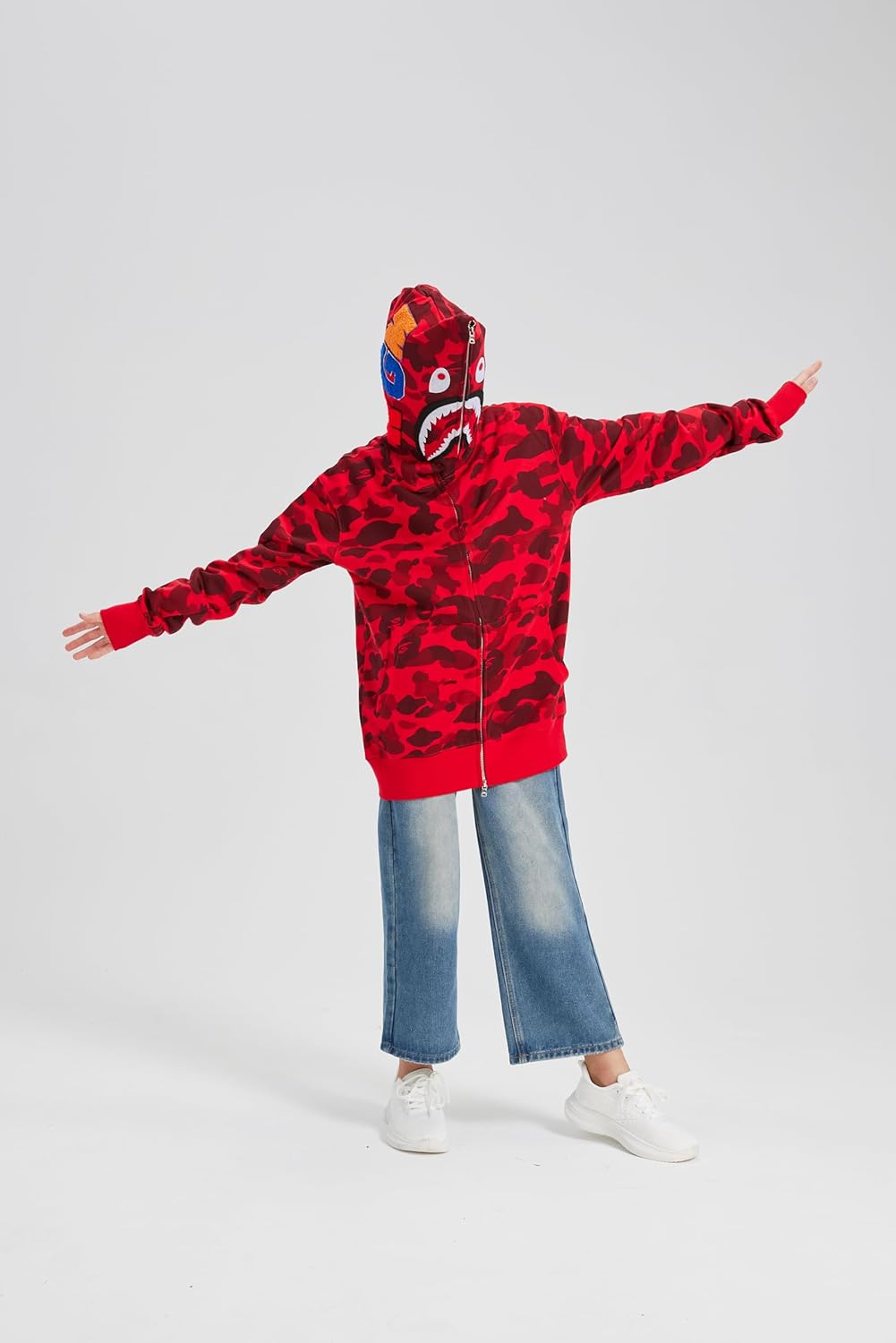 Camouflage shark jacket men's fall and winter cardigan zipper embroidery hooded sweater large size couple models (US, Alpha, 3X-Large, Regular, Regular, Red)