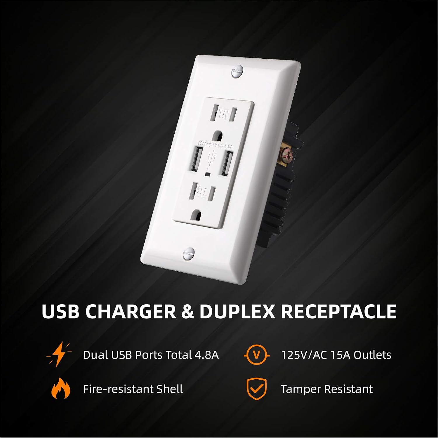 ECOELER 2Pack 4.8A USB Wall Outlet, Duplex 15A Tamper Resistant Wall Receptacle Outlet, Child Proof Safety, White Wall Plate Included, UL Listed