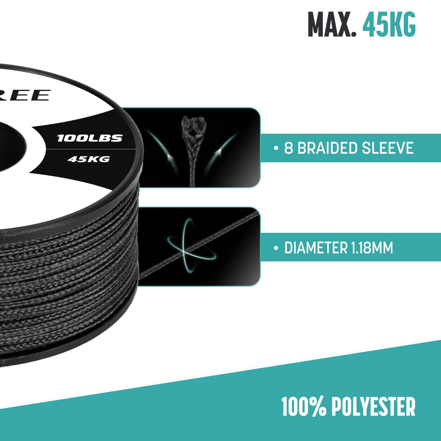 Brotree Micro Cuerda Paracord 1,18mm 50M Bobina para Pulsera, Bricolaje, Manualidades - 45 kg Charge de Rupture (Negro)