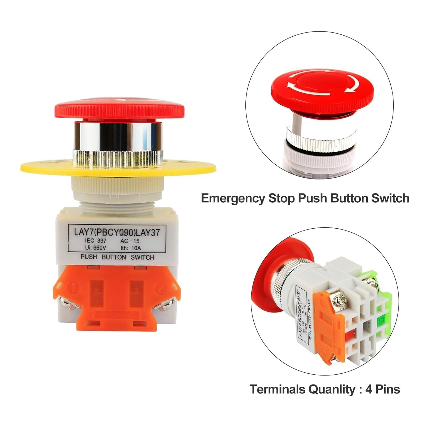 TECHZOCO Interruptor de Botón de Presión para Parada de Emergencia, Seta Pulsador Emergencia, Botón para Emergencia, Instalación orificio de apertura 22 mm, NO + 1 NC DPST, 660V 10A