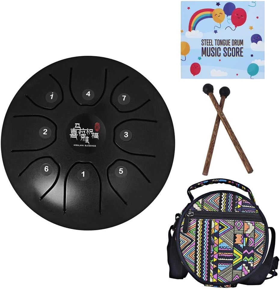 Mowind Steel Tongue Drum Tank Drum C Key 8 Notes 5.5 Inch Percussion Instrument with Drum Mallets Carry Bag Black