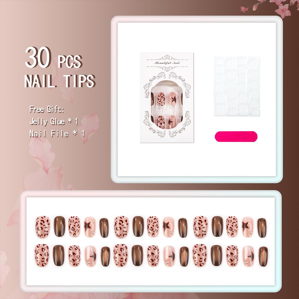 30Pcs Leopard Print Cat Eyes Fall Press on Nails Medium Almond Fake Nails Press on with Star Design Brown False Nails Glossy Reusable Fall Nails for Women