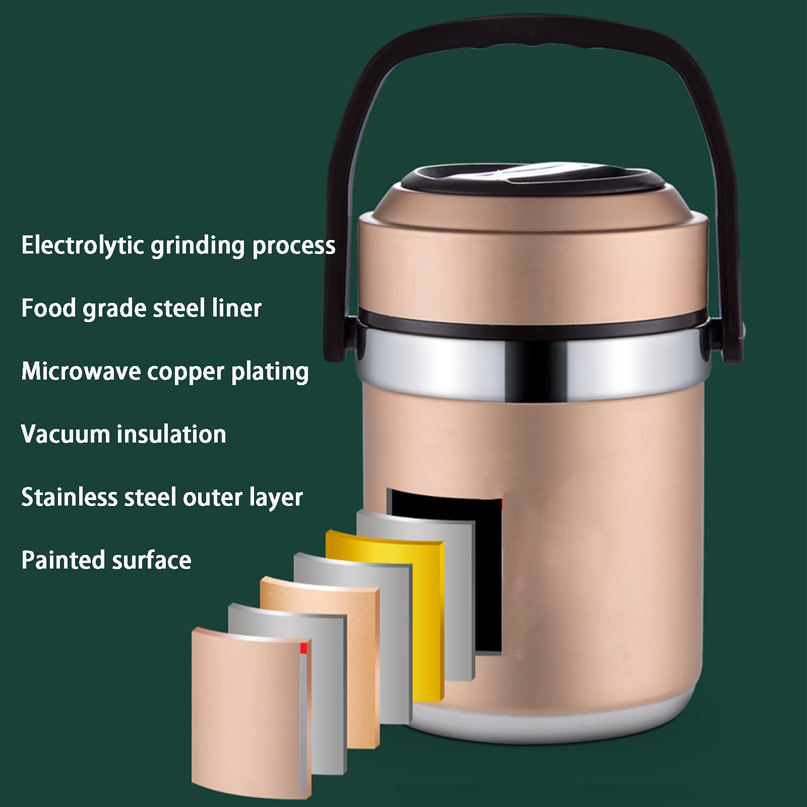 Fiambrera Térmica de Acero Inoxidable Prueba de Fugas Caja Bento Térmica con 2 Compartimentos Recipiente Térmico para Alimentos, Lunch Box para Trabajo de Oficina, Escuela, Hogar,Oro,1.6L