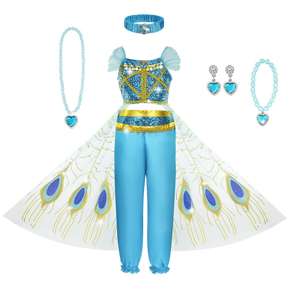 AOOWU Jasmine Princess Costume for Girls, Aladdin Princess Costume with Headband, Bracelet, Necklace, Earrings, Jasmine Fancy Dress Up Set, Arabian Princess Cosplay Outfit for Birthday Halloween Party