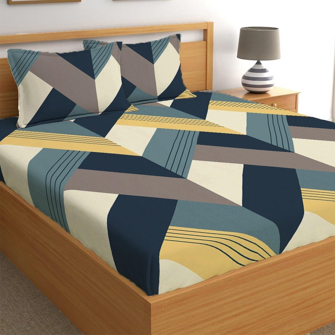 Cotton Feel Glace Cotton Elastic Fitted Printed King Size Double Bed Bedsheet with 2 Pillow Covers Fits Upto 8 inches Mattress,Size- 72x78x10 Inches, BlueArrow