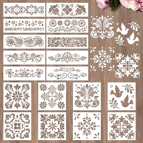 Sitsink Talavera Stencils for Painting - 18 Pcs Stencils for Painting on Wood Wall Border Template, Mexican Tile Painting Templates for Canvas Rock Furniture Door Mat Home Décor by Sitsink - Used condition - US$10.98