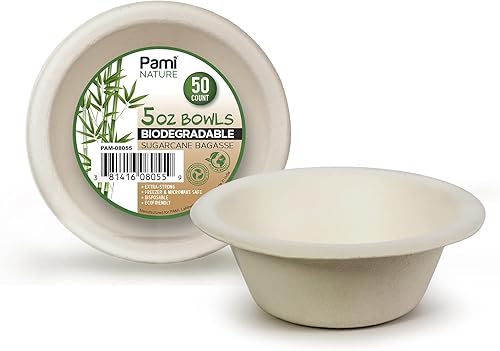 PAMI Tazones de caña de azúcar 100% biodegradables (paquete de 50) cuencos de sopa compostables naturales, cuencos de bagazo respetuosos con el