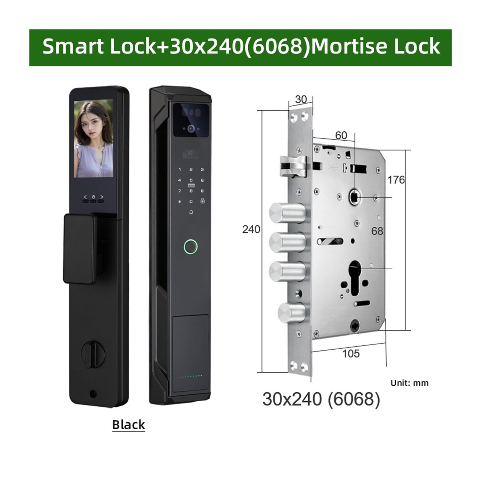 Serratura intelligente per porta, Smart Lock Videocitofono remoto Sblocco facciale multilingue for la sicurezza domestica(Noir,30 * 240)