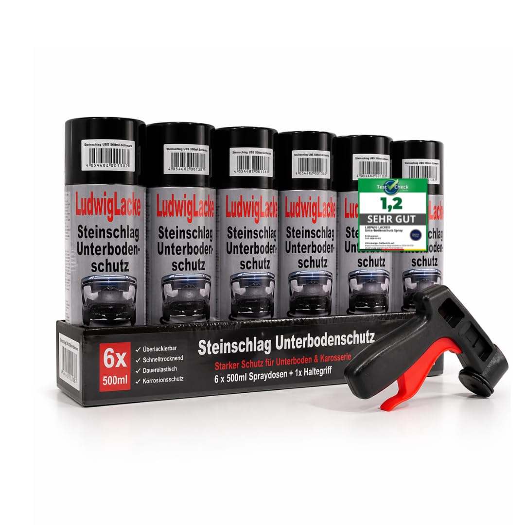 Ludwig Lacke® Unterbodenschutz Spray [6X 500 ml] inkl. Pistolengriff für Dosen – Steinschlagschutz & Rostschutz UBS – überlackierbare Unterboden Versiegelung - Bitumen Spray