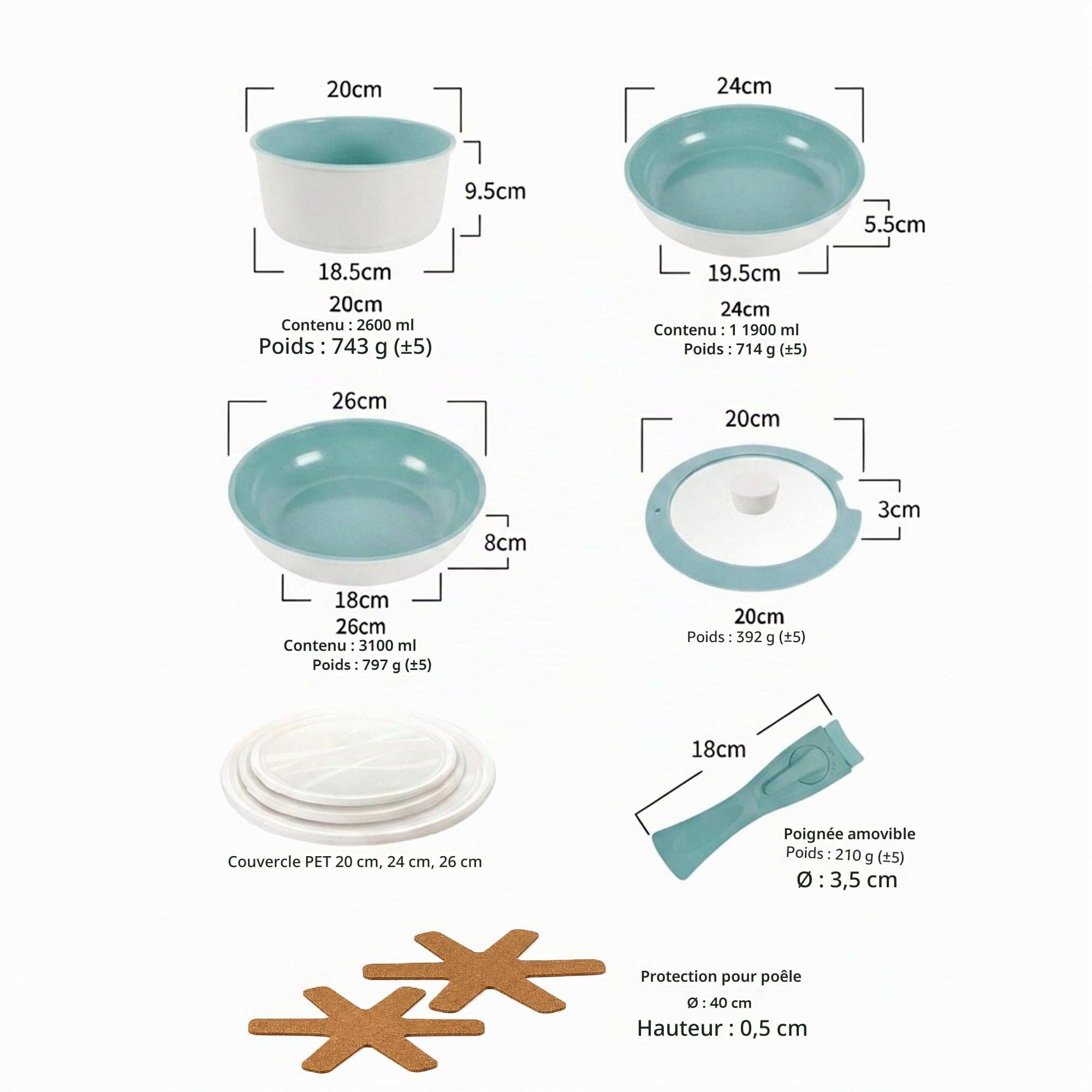 NEOFLAM® - Lot de 8 casseroles et poêles Midas Plus – Revêtement antiadhésif naturel ECOLON®, sans PFAS, compatible induction, poignée amovible, passe au four, nettoyage facile