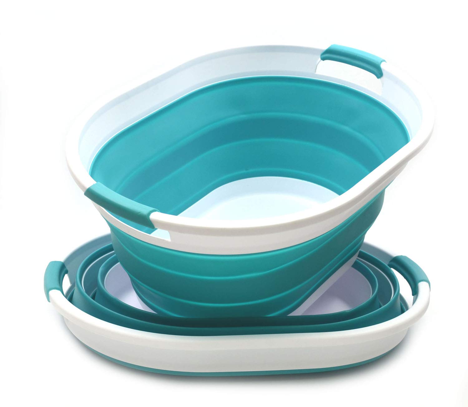 SAMMART 28L - Set of 2 Collapsible Plastic Laundry Basket - Oval Tub/Basket - Foldable Storage Container/Organizer - Portable Washing Tub - Space Saving Laundry Hamper (Bright Blue, 2)