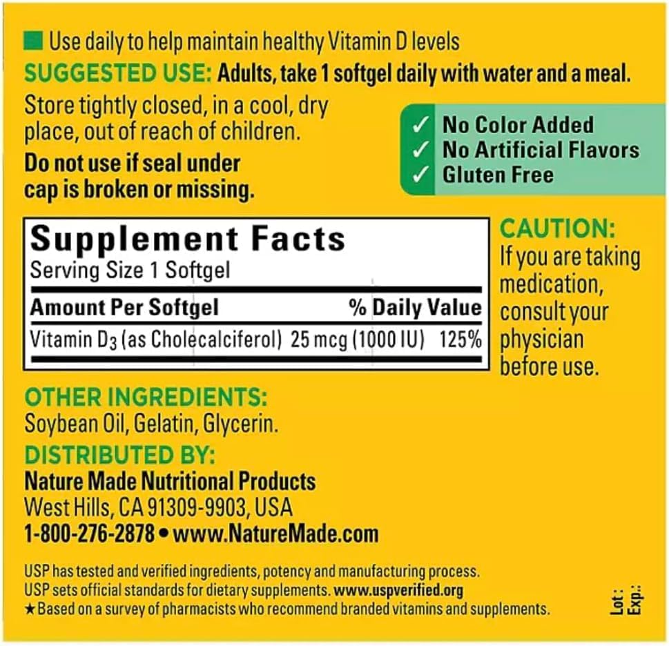 Miniatura 2 de Nature Made Vitamina D3 25 mcg 650 cápsulas blandas, mantente saludable y cumple con tu vitamina D 1000 UI- Incluido con nalkotSupliment-Guide