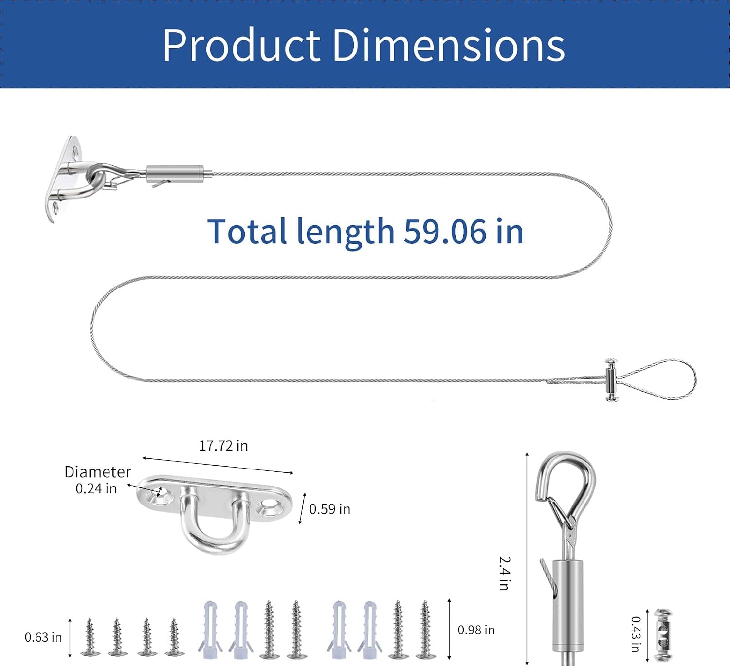 2-Pack Heavy Duty Ceiling Rod Support Bracket, 60" Adjustable Stainless Steel Cable Support for Shower Curtain Rods & Closet Rods, Anti-Sag Support for Curved, L-Shaped & Straight Rods