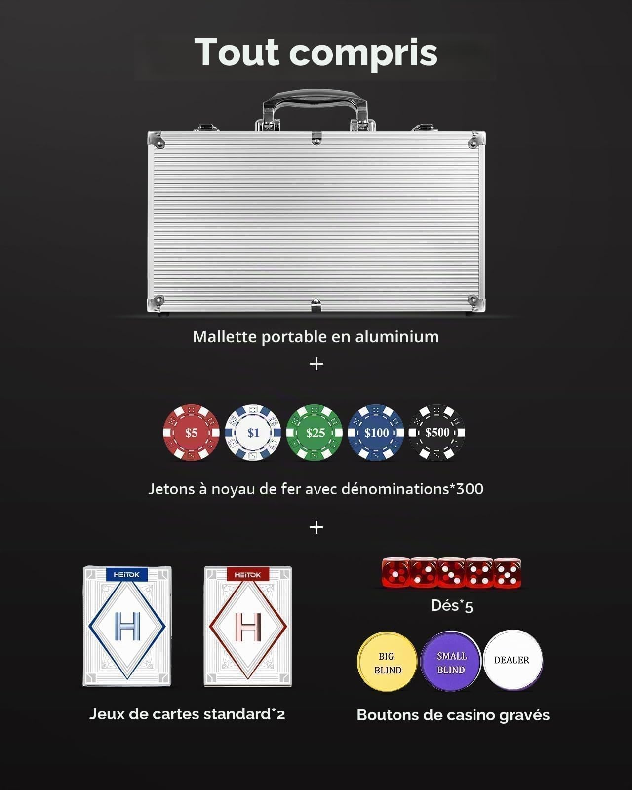 HEITOK Mallette de Poker Professionnelle 300 Jetons Numérotés 11.5g avec Coffret Aluminium Renforcé – Set Complet Texas Hold'em Blackjack Cartes Dés Boutons pour Soirées Adultes