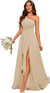 Chiffon One Shoulder Bridesmaid Dresses with Slit A-Line Long Formal Party Dress with Pockets RO022 - Buy now