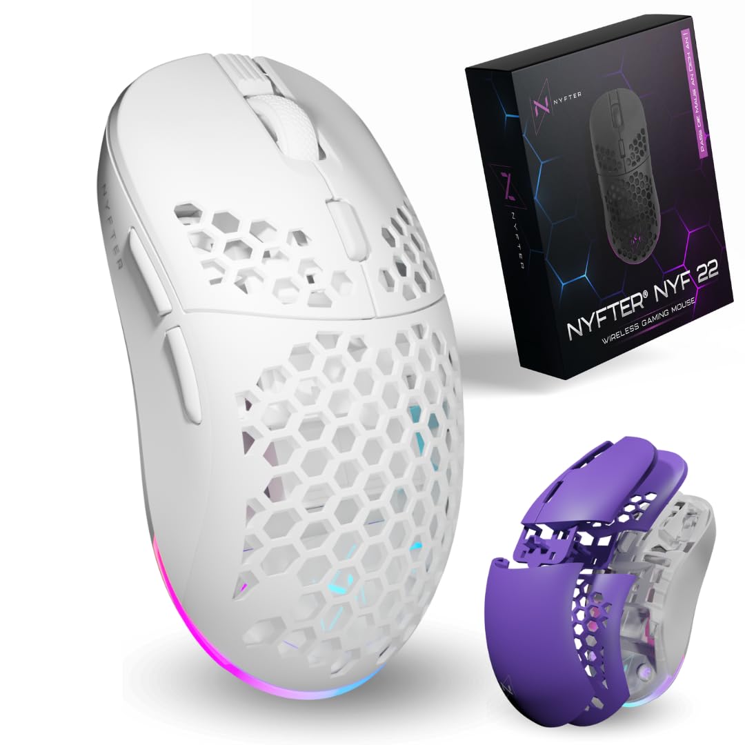 Nyfter - NYF22 Wireless Gaming Mouse con ratón de panal de abeja blanco y morado ultraligero 75 g potente con 400 mA 19 K DPI, 400 IPS 1000 Hz 50 h duración de la batería duradera Dos fundas