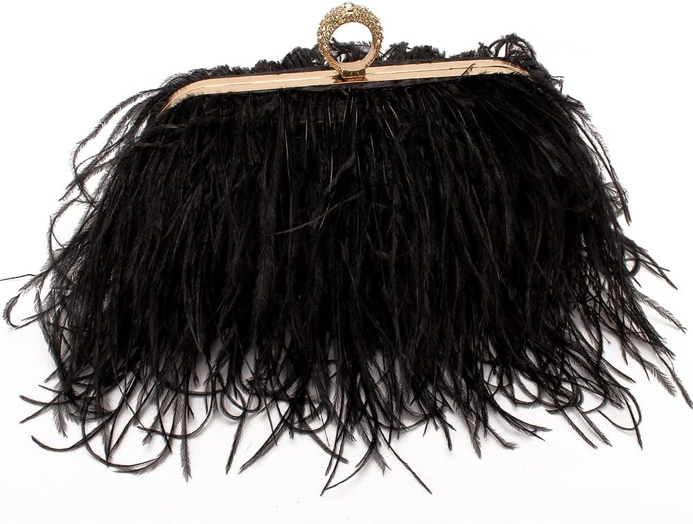 Women Real Natural Ostrich Feather Evening Bags Purses Clutch Vintage Banquet Handbag, Black