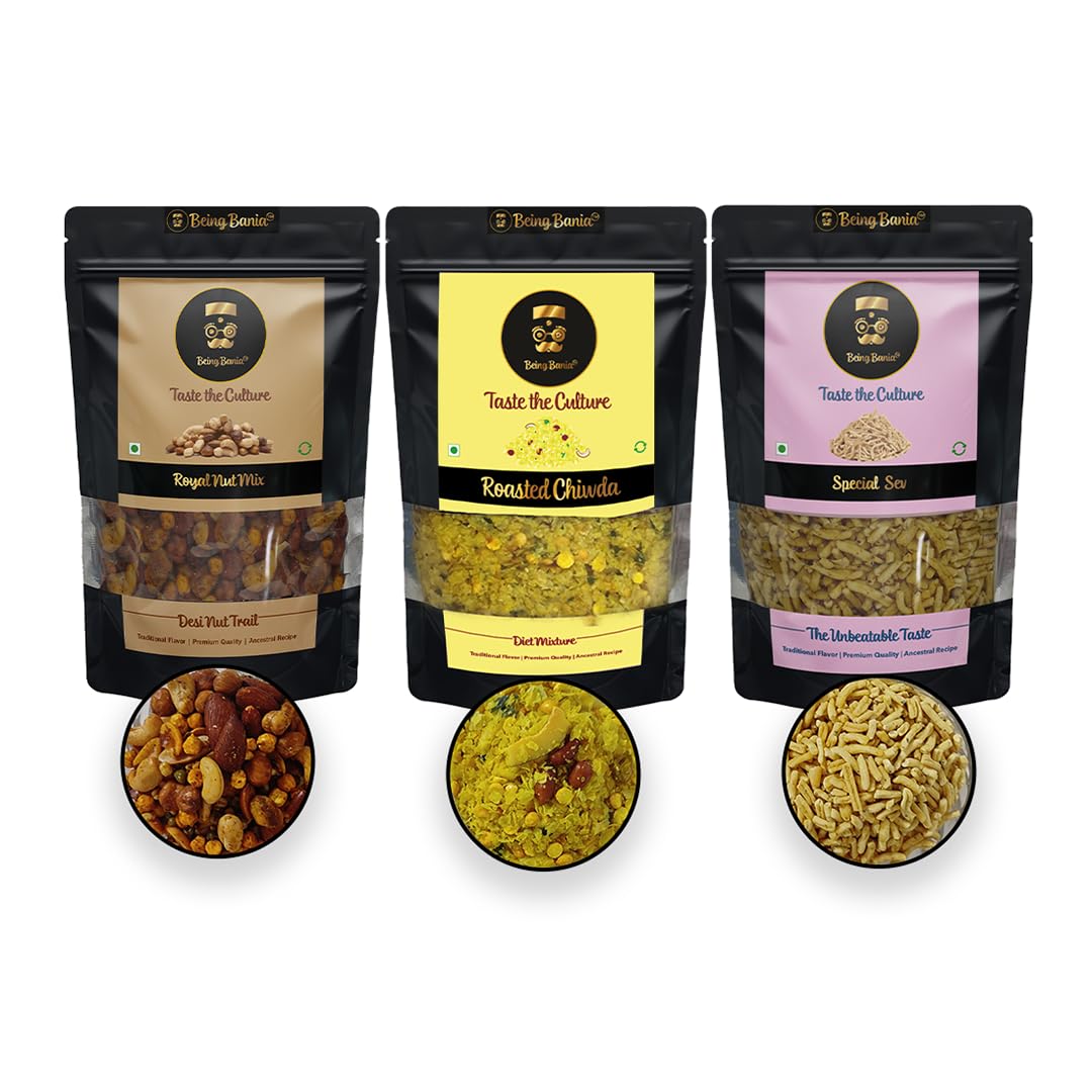 Indian Namkeen Combo - Nut Mix | Roasted Chiwda | Special Sev | Premium and authentic taste | Made in Groundnut oil | Healthy Snack Namkeen for Diet