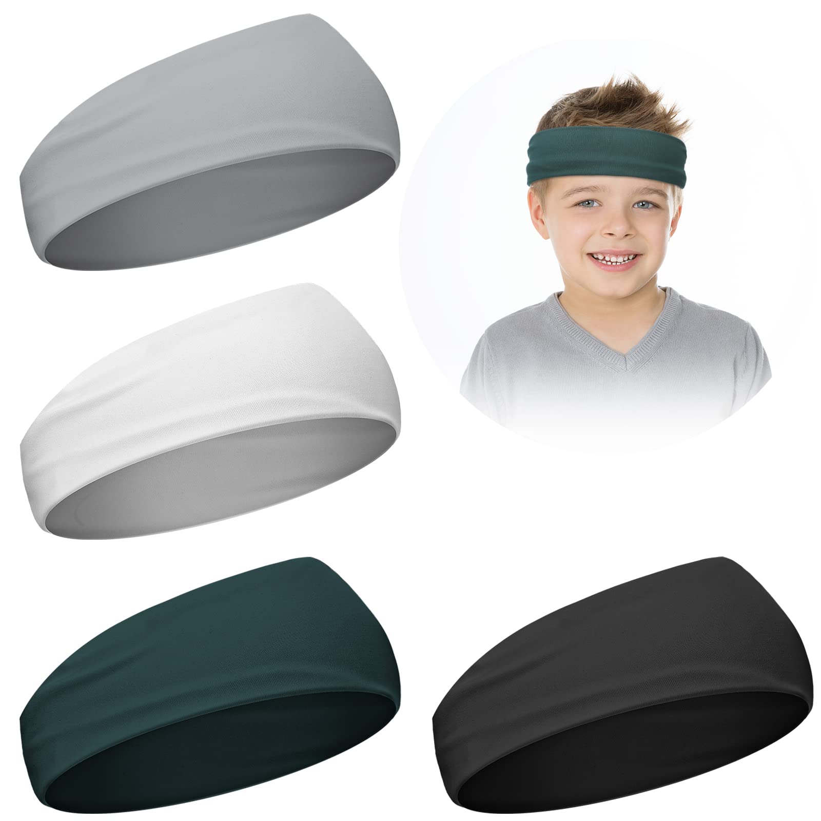 Civaner 4 Pcs Boys Headbands Athletic Sweatbands Kids Sports Wicking Breathable Headbands Elastic for Girls Boys Football(Black, White, Dark Green, Light Grey)