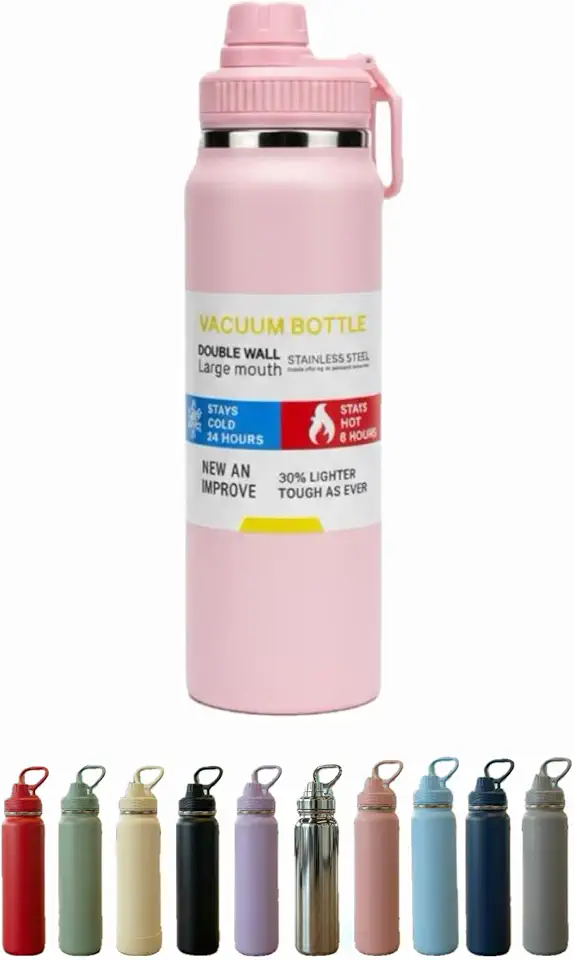 Garrafa Térmica Esportiva 800ml em Aço Inox 304, Parede Dupla com Isolamento a Vácuo, Mantém Gelado e Quente, Tampa Antivazamento, Alça Dobrável, BPA Free. Academia/Trabalho/Viagem. (Rosa)