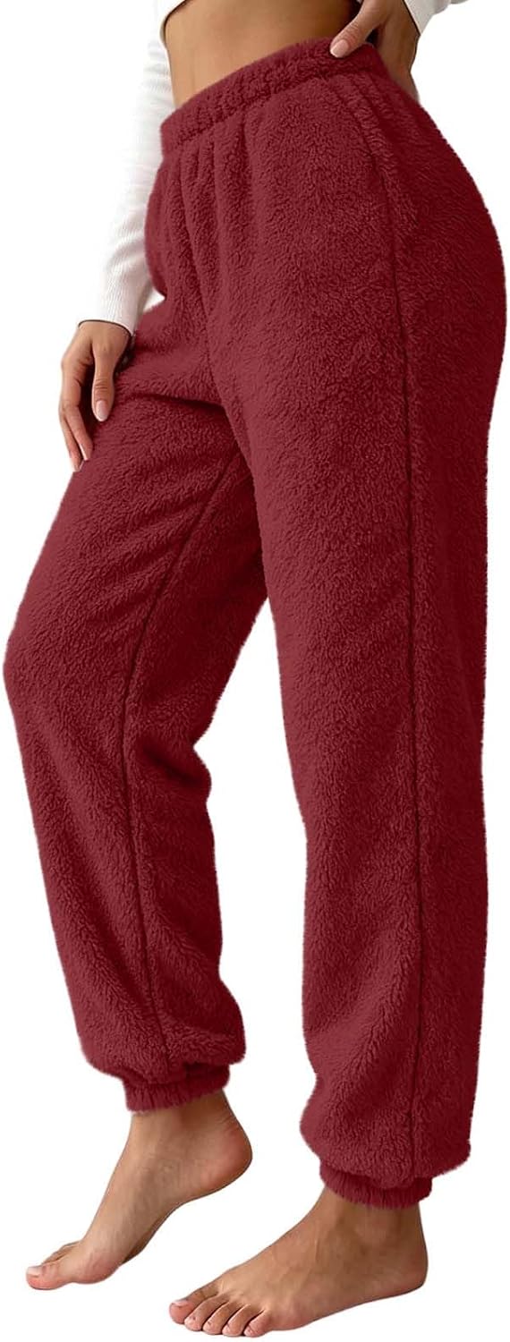 Womens Fleece Jogger Pants Elastic High Waist Warm Sleep Bottoms