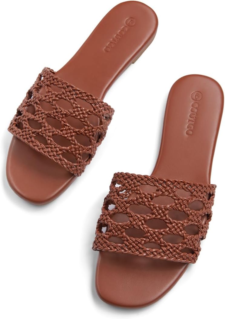 Coutgo Womens Flat Sandals Braided Open Square Toe Slip On Slide Sandals Dressy Beach Vacation Shoes
