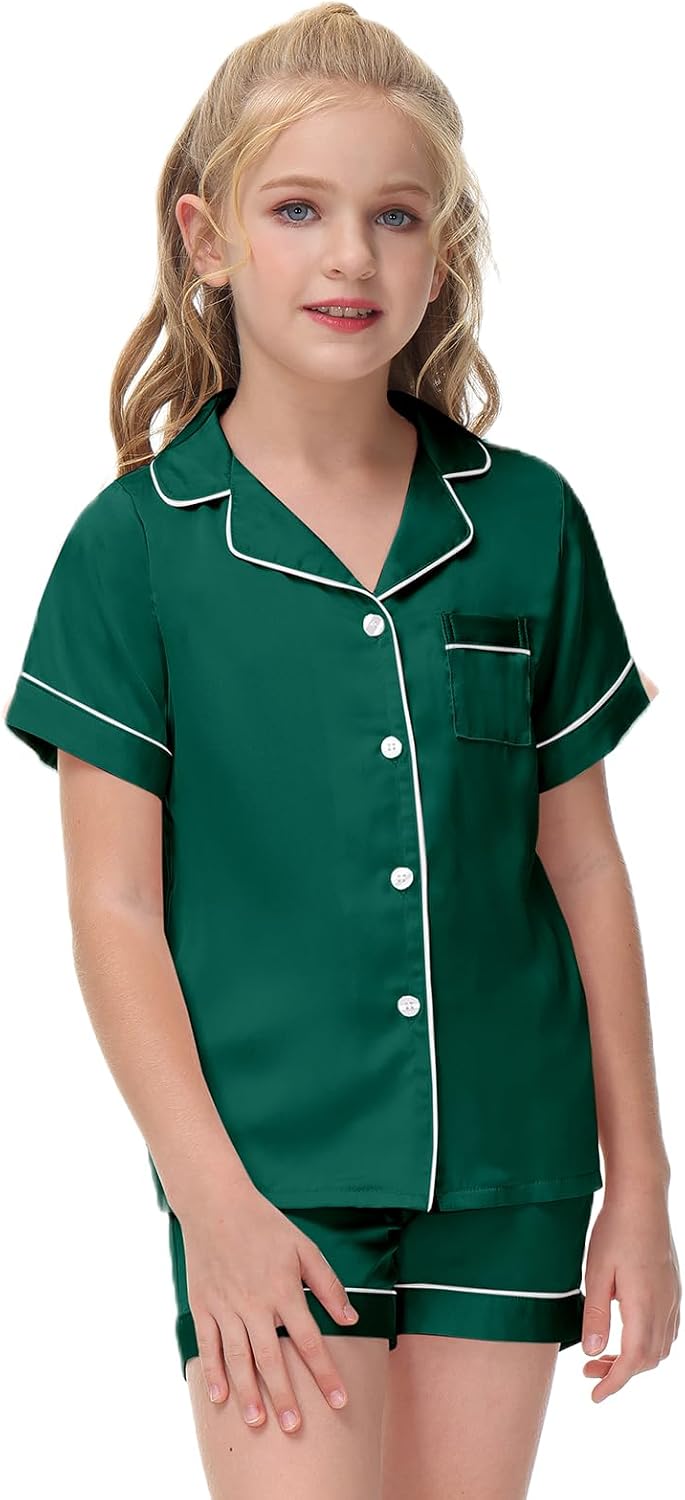 Veseacky Unisex Satin Pajamas Set Boys Girls Silk Pjs Short Sleeve 2 Piece Sleepwear Button-Down Kids Nightwear(4-13T)