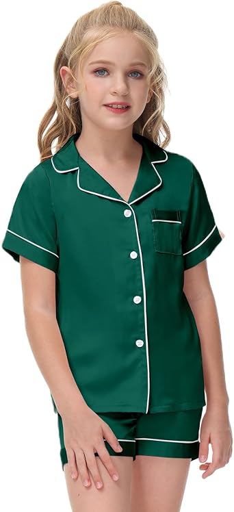 Veseacky Unisex Satin Pajamas Set Boys Girls Silk Pjs Short Sleeve 2 Piece Sleepwear Button-Down Kids Nightwear4-13T