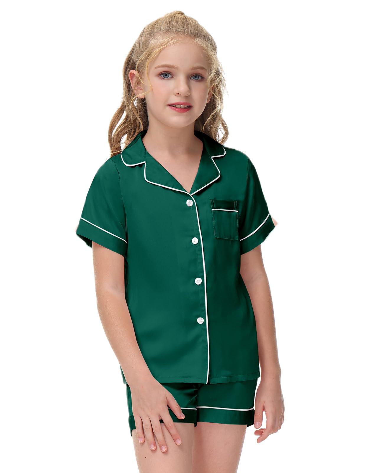 Veseacky Unisex Satin Pajamas Set Boys Girls Silk Pjs Short Sleeve 2 Piece Sleepwear Button-Down Kids Nightwear(4-13T)