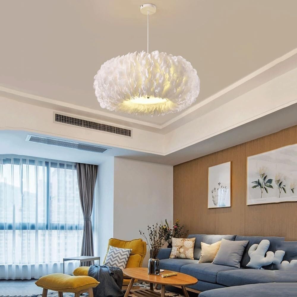 Simple and Creative Pure White Iron Ring Feather Chandelier Bedroom Living Room Dining Room Study Decorative Chandelier LEDE27 Light Source 3-Head Chandelier Modern Simple Home Lighting