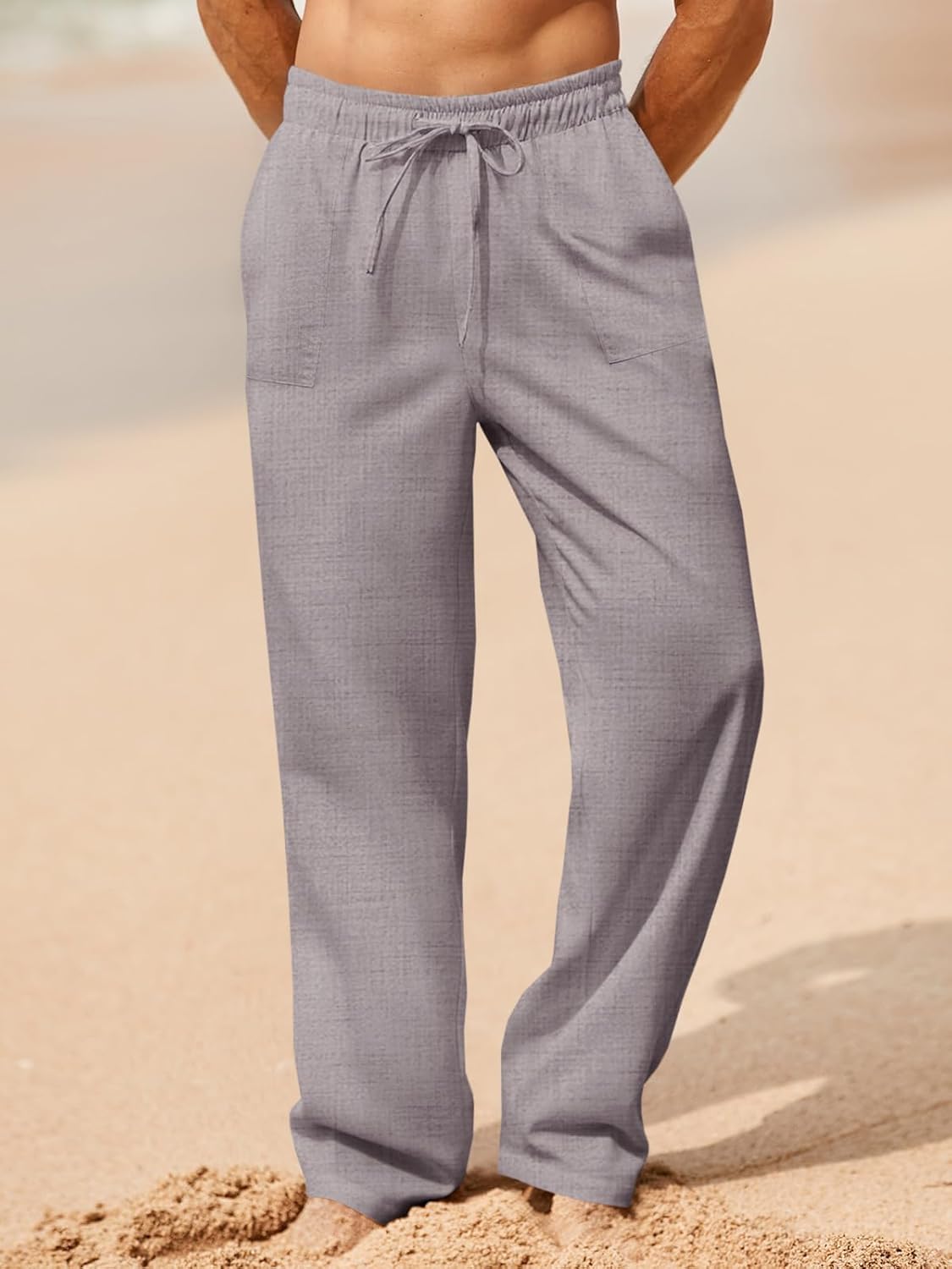 Runcati Mens Casual Pants Elastic Waist Drawstring Linen Lightweight Loose Fit Pants Summer Beach Yoga Trousers - Image 4