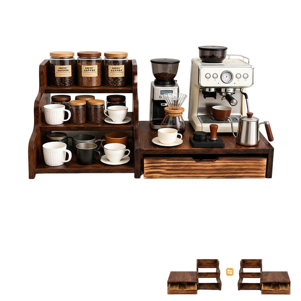 Photo 1 of [NO SCREWS] Wooden K Cup Coffee Station Organizer, 3-Tier Rack with Coffee Pods and Tea Organizer Holder,K Pod Drawer Coffee Maker Stand,Coffee Bar organizer Countertop for Accessories