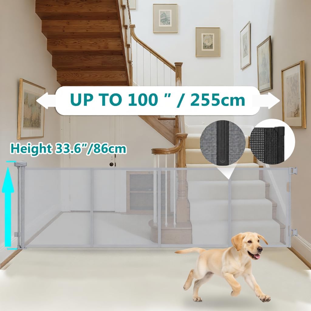 retractable baby gate,mesh baby gate or mesh dog gate,34" tall,extends up to 100" wide,child safety gate for doorways, stairs, hallways, indoor or outdoor (gray, 100''wide 34''tall) gray 100''wide 34''tall