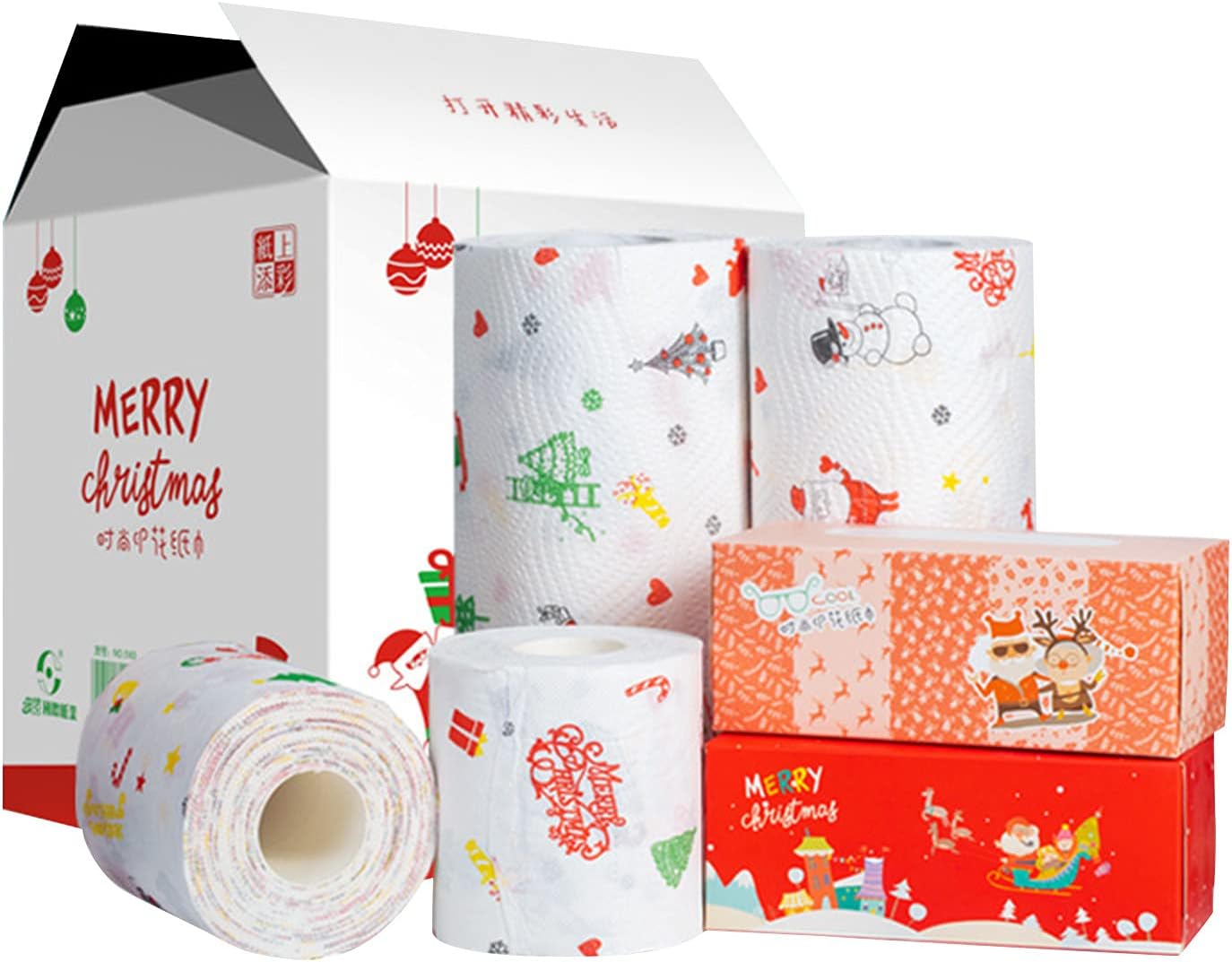 Christmas Printed Paper Towel Sets - Christmas Set Gift Paper Towel Kitchen Paper Pumping Paper Printing Roll Paper Full Set (A)
