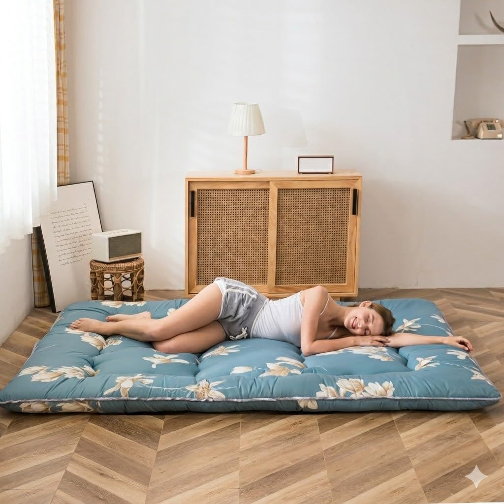 MAXYOYO Colchón japonés de suelo, colchón de futón, tapete de tatami grueso, almohadilla para dormir, plegable, enrollable, colchón para dormitorio, tumbona de suelo, almohada (flor azul, individual)