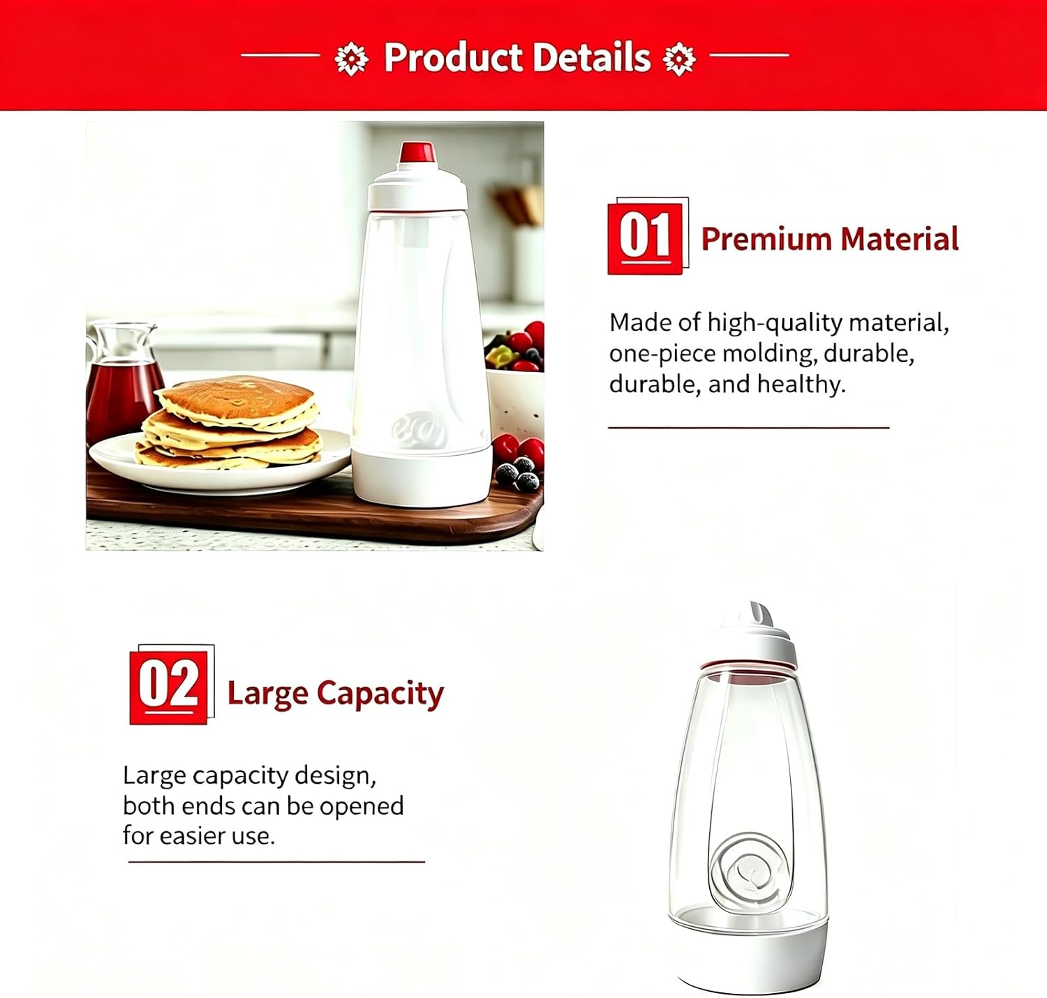 2 Pack Pancake Batter Dispenser, 34oz/1000ml Squeeze Mixer Bottle with Stainless Steel Whisk Ball, BPA Free Food Grade Material, Clear Measurement Marks for Pancakes, Waffles, Crepes and Cupcakes