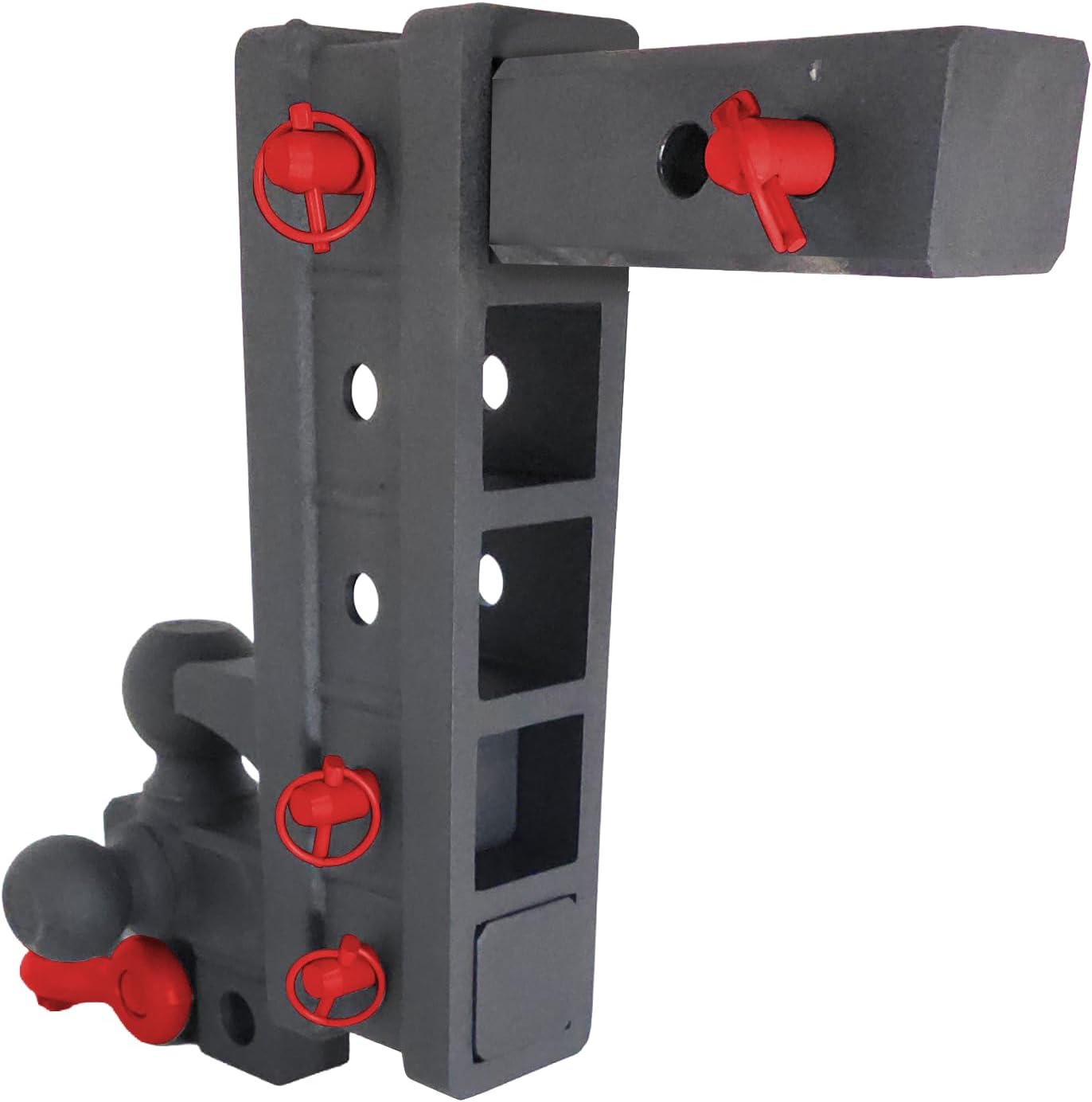 The Patriot - Heavy Duty Receiver Solid Steel Universal Multi Task Ball Mount, Pintle Hook, Adjustable, Step, Offset, Class V Drop Rise Hitch 30,000 Lbs. (Black Texture - Red Accent, 2")