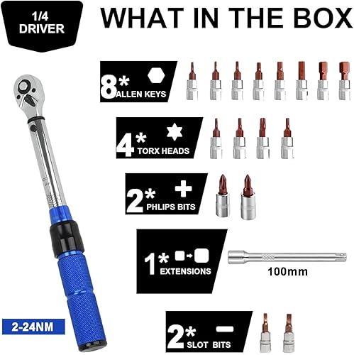 Miniatura 3 de COTOUXKER Juego de llaves dinamométricas para bicicleta, llave dinamométrica de 14 de pulgada de 2 a 24 Nm, kit de herramientas para bicicleta para