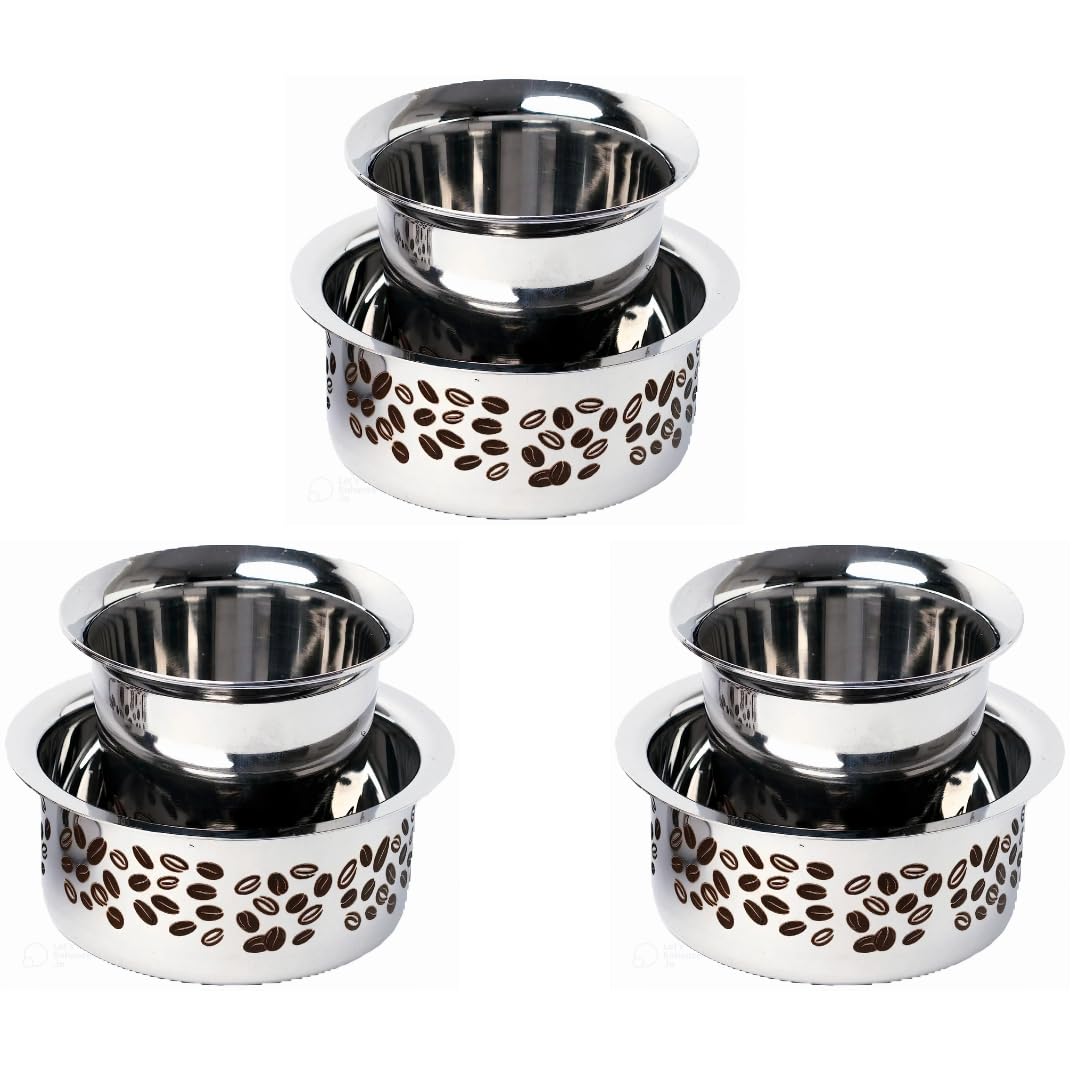 Tanishk Stainless Steel Tea Coffee Masala Ukala Serving Patra and Rampatra Glass Set of 6 Pieces Heavy Gauge Quality Mirror Polish Coffee Bean Laser Printed Capacity 150 ML (Full Set - 3)