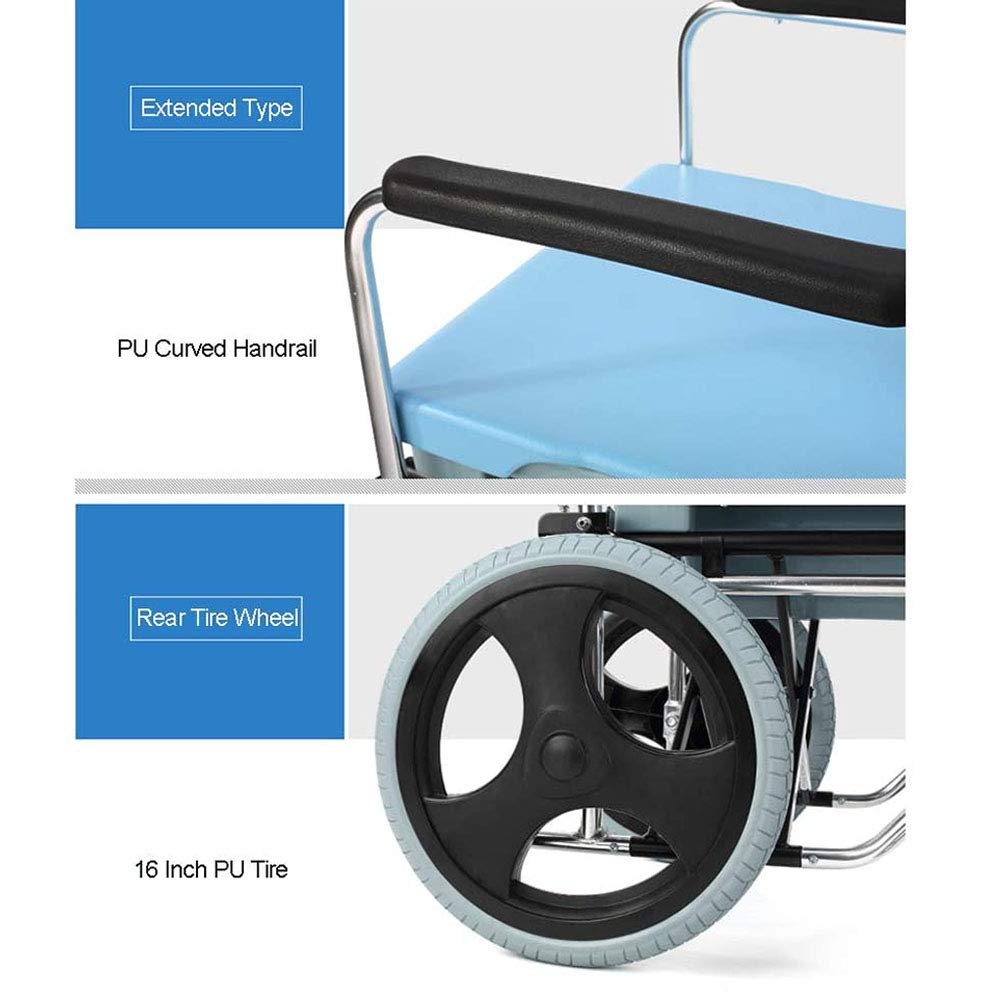Sillas de Ruedas Autopropulsadas Plegables Ligeras con Inodoro, Baño Robusto Plegable Mde Aluminio Acolchado Asiento Respcon Frenos de Mano/Blue