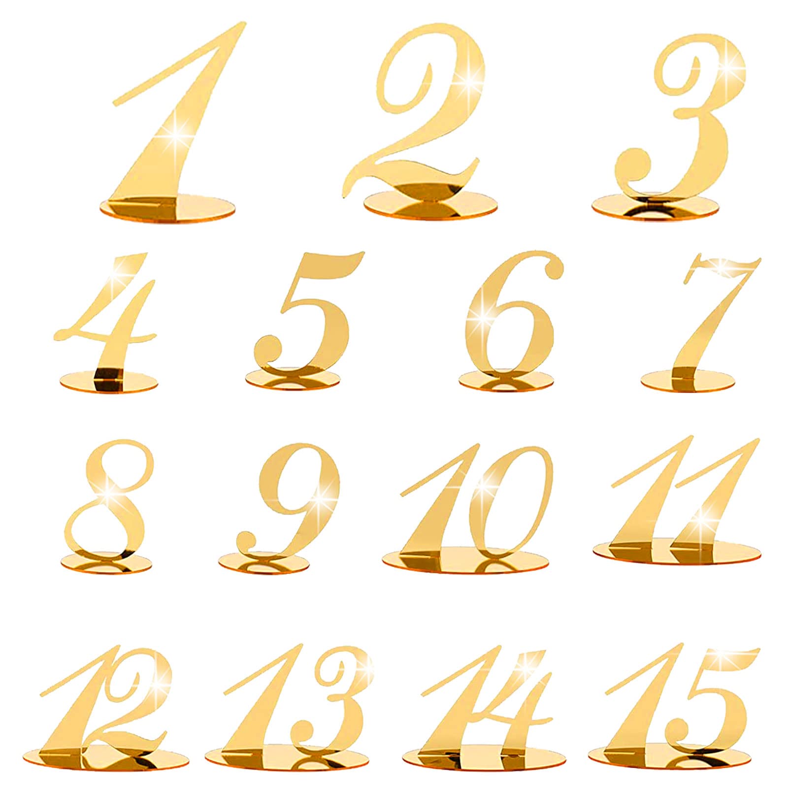 CDIYTOOL Números de mesa acrílicos, números de mesa dorados de boda del 1 al 15, números de mesa de espejo acrílico, números de mesa de recepción, soporte para bodas, fiestas, eventos, catering
