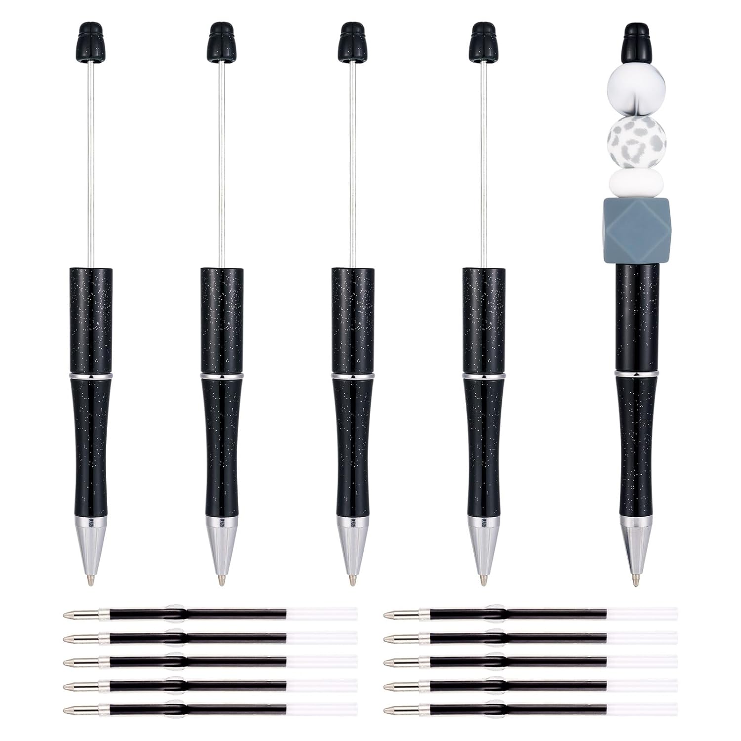 Craftdady Black Beadable Pens 5Pcs Plastic Bead Ballpoint Pens with Pen Refills Shaft Black Ink Bead Pens DIY