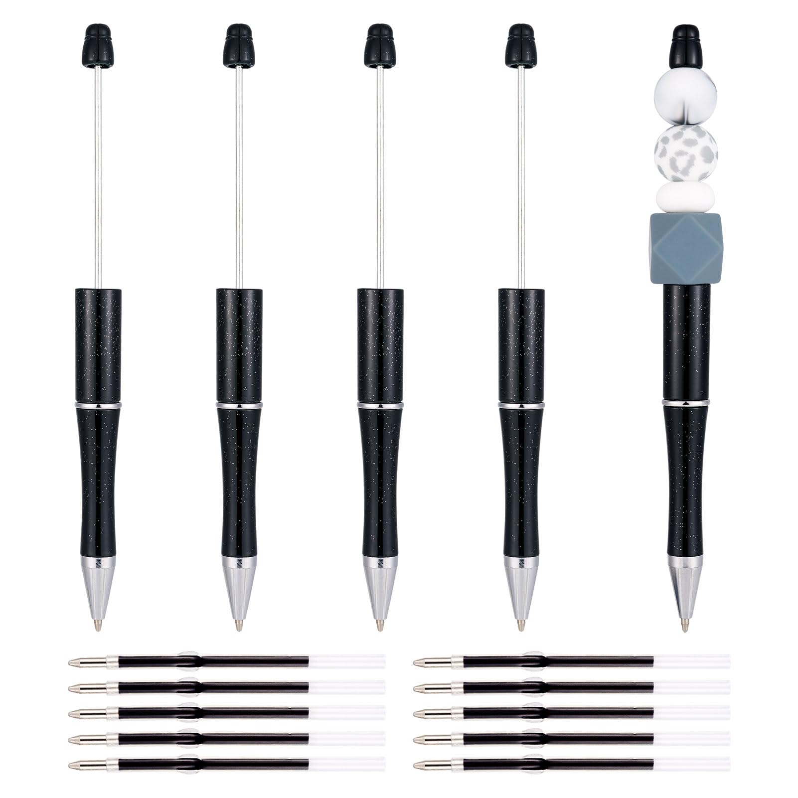 Craftdady Black Beadable Pens 5Pcs Plastic Bead Ballpoint Pens with Pen Refills Shaft Black Ink Bead Pens DIY