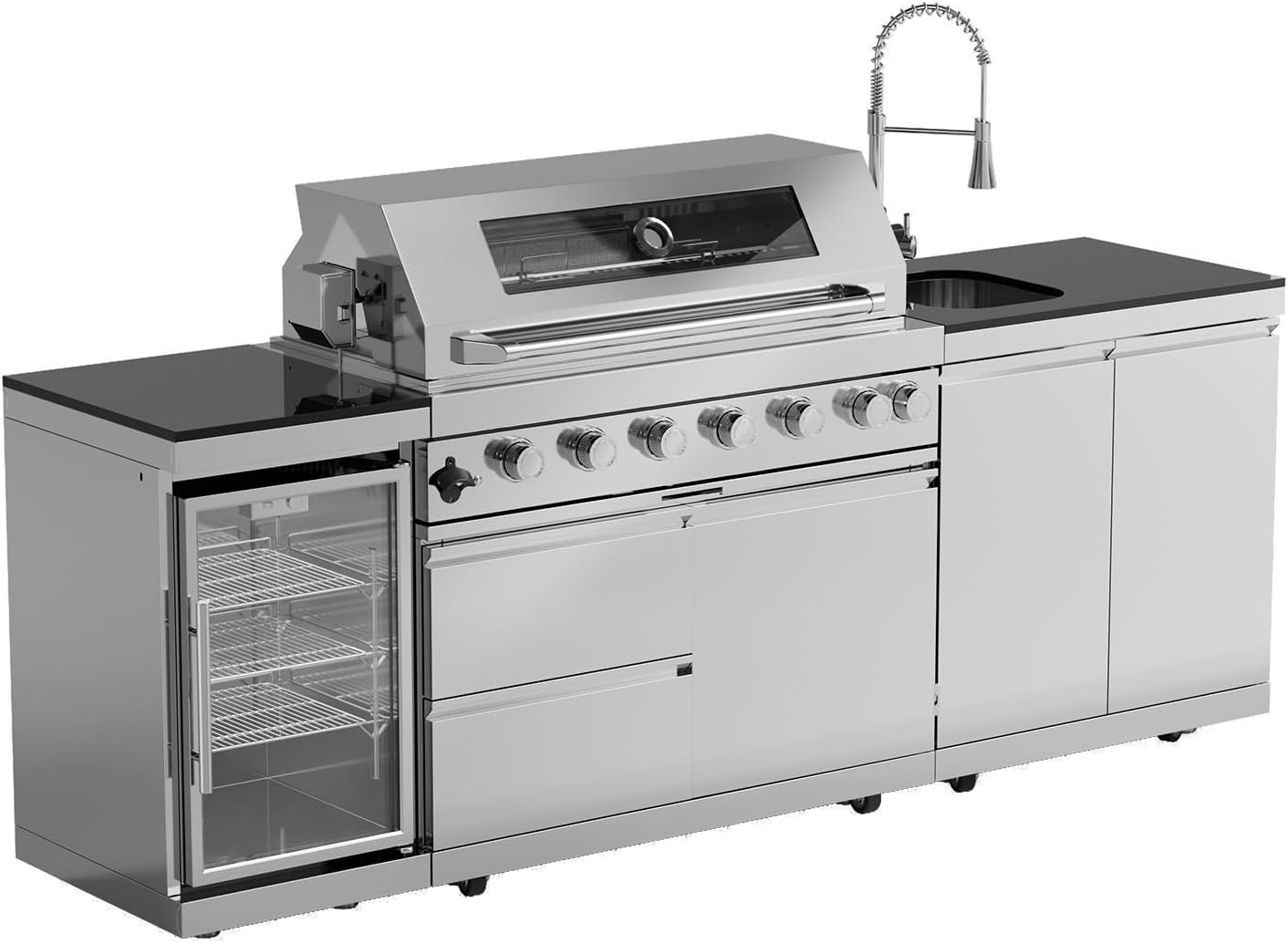 Premium Outdoor Kitchen Island with 304 Stainless Steel Gas Grill, Built-in Sink, Wine & Beverage Refrigerator, and Rotisserie Kit - Integrated LED Lighting for Backyard (Silver- 96", Natural Gas)