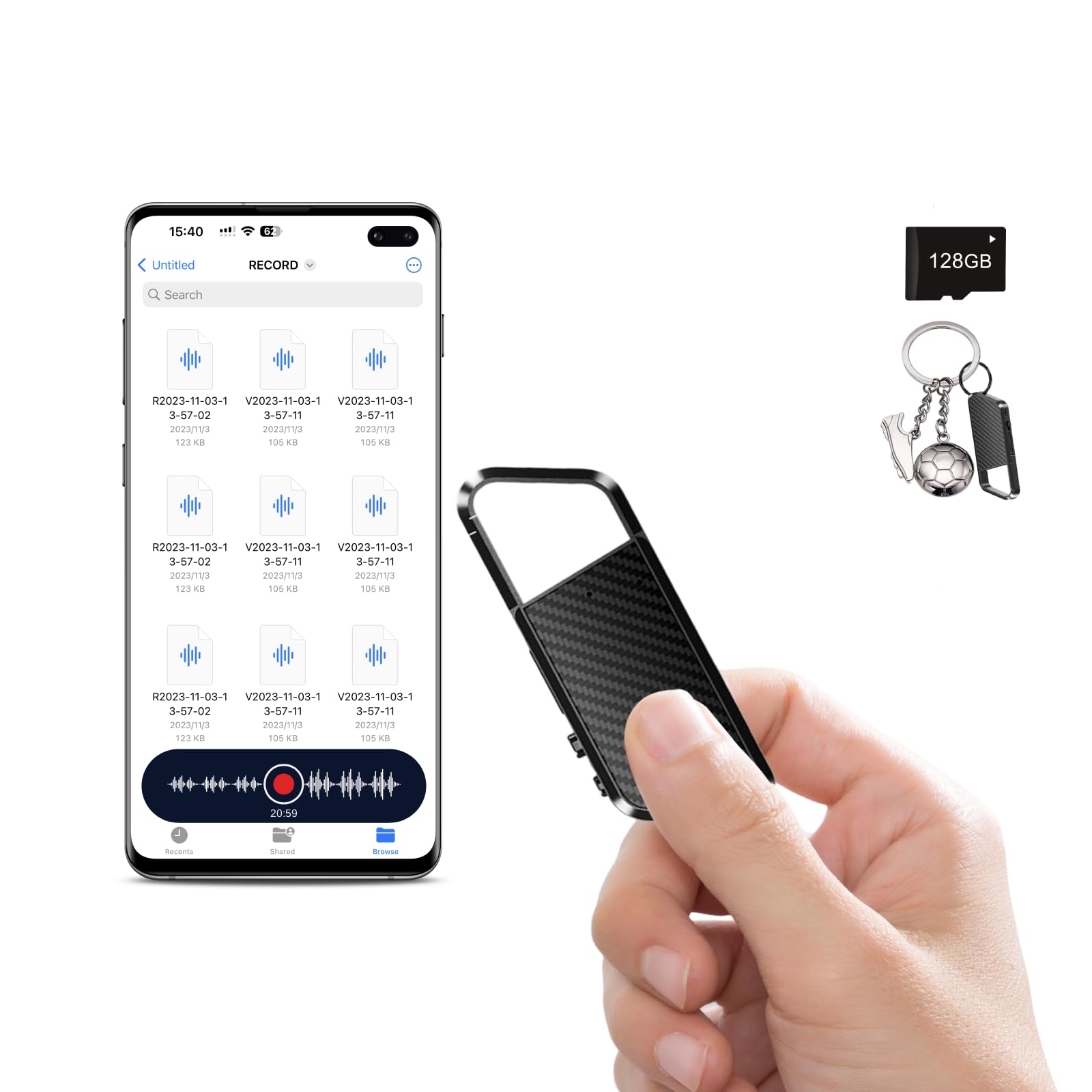 NekSide Diktiergerät mit Spracherkennung –Aufnahmegerät, Mobile Rekorder mit DSP5.0 OTG-fähig, Lange Zeit Aufnahmen Voice Recorder, diktiergerät mini für Meeting/Interview/Vorlesungen -128G