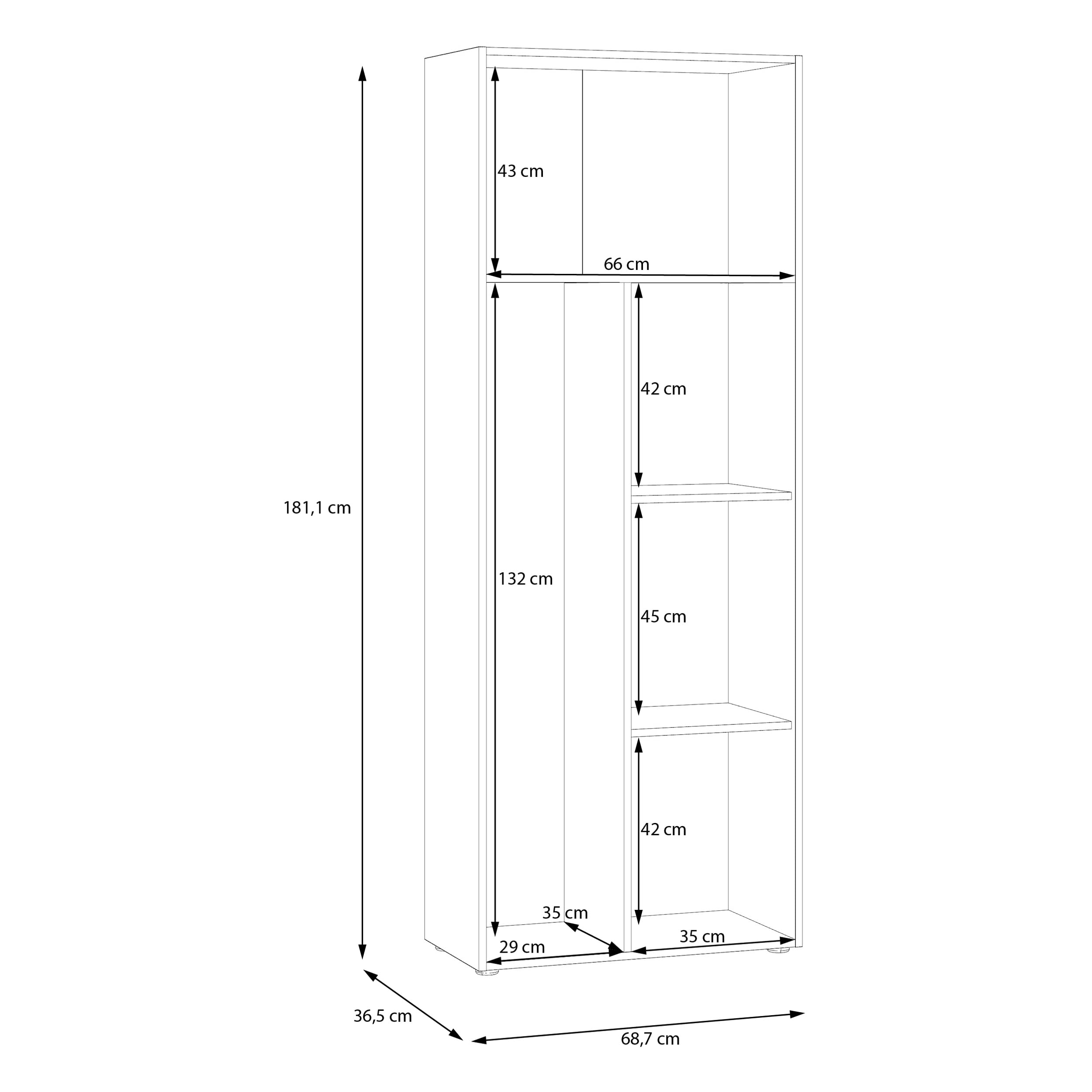 FORTE NET106 Schrank 70 180, Mehrzweckschrank, Staubsaugerschrank, Abstellraum, Drehtürenschrank, 2-türig mit Einlegeböden, Schwarz, 68,7 cm breit x 181,1 cm hoch x 36,5 cm tief